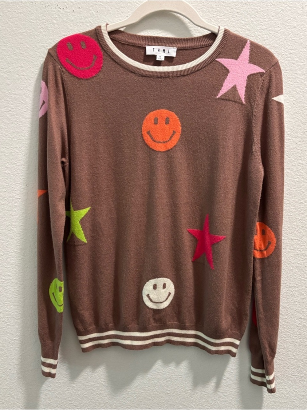 THML Brown Smiley & Star Crewneck Sweater, size S